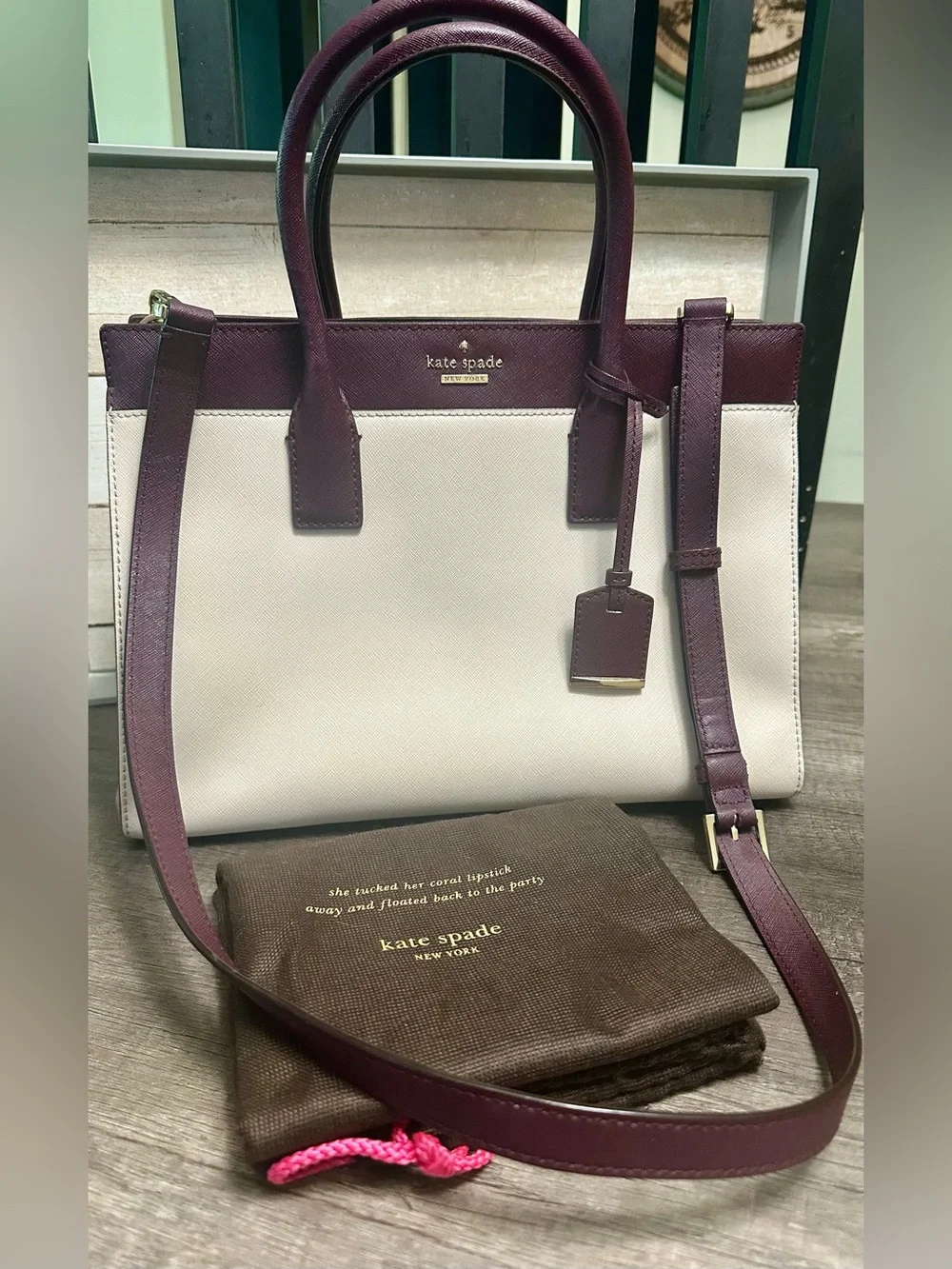 kate spade Cream and Plum Two-Tone Leather Satchel